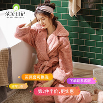 Coral velvet pajamas womens autumn and winter waist lace cute thickened winter plus velvet flannel nightgown home clothes two-piece set