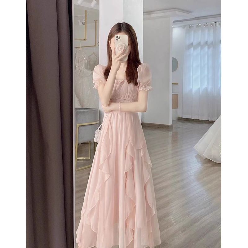 French Pink Chiffon Dress for Women Summer New Style Beautiful and Beautiful Princess Temperament Gentle Fairy Long Skirt