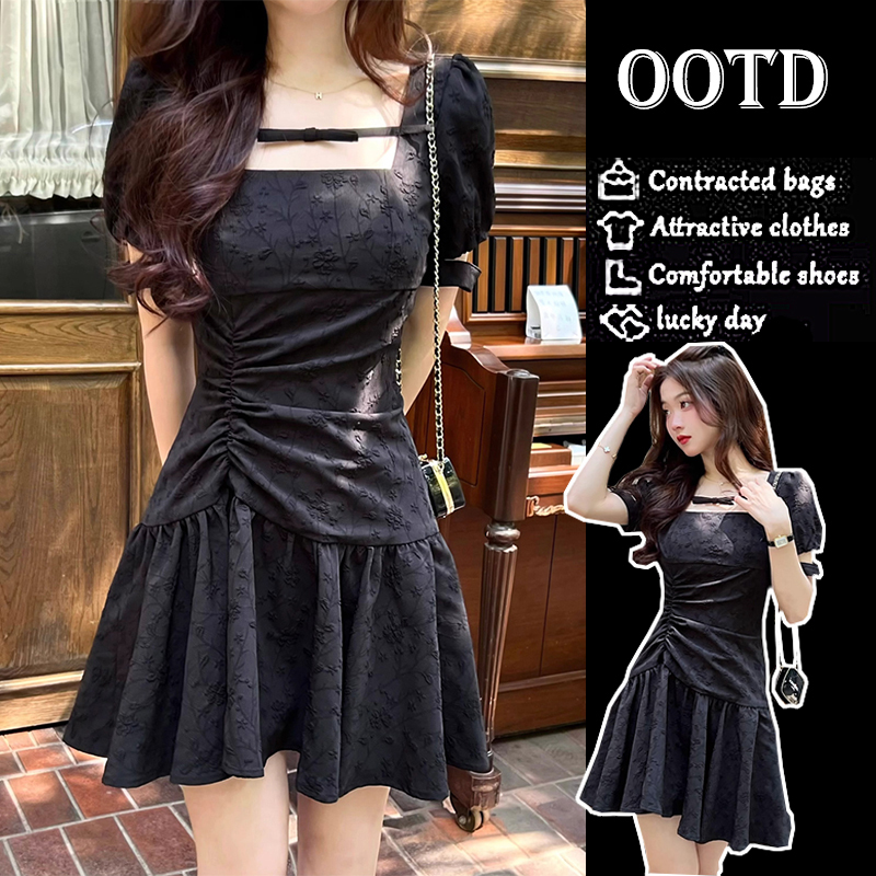 2026 New Black Truffle French-Style Elegant Black Dress for Women, Summer Petite High-End Waist-Cinching Short Dress