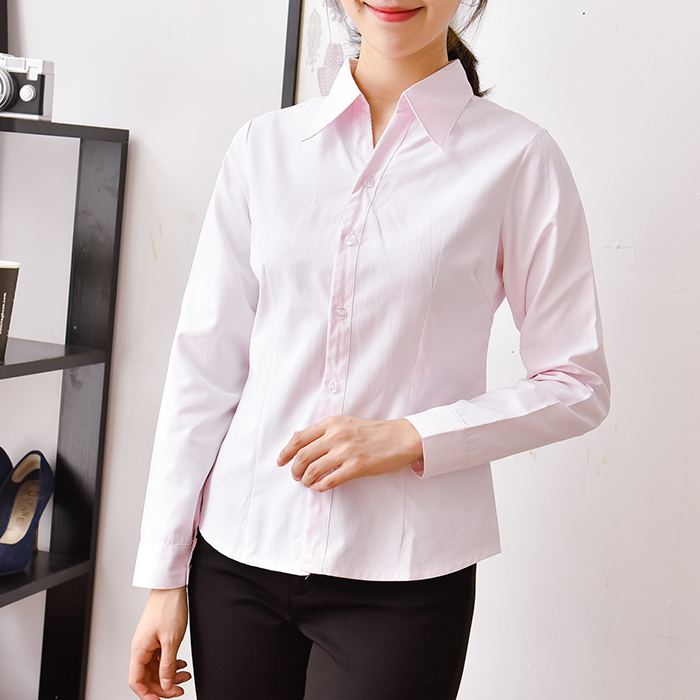 Áo sơ mi dài tay màu xanh nhạt sọc chuyên nghiệp V-cổ áo yếm mỏng váy twill áo sơ mi nữ ol size lớn áo sơ mi nữ cổ trụ