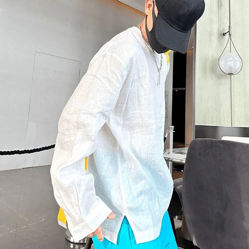 Designed Button-Sleeve Linen Long-Sleeve T-Shirt for Men, Fashionable, Simple, Loose, Versatile, Lightweight, Breathable, Sun-Protective Top