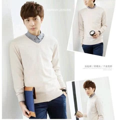Áo len cashmere mùa thu nam v áo len cổ tròn nam đầu set đồ len nhung rắn màu dày áo len cỡ lớn quần kaki nam
