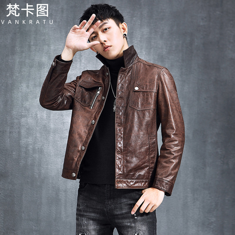 Men's leather coat oil wax head layer of pure cowhide motorcycle short vintage fashion leather jacket youth slim coat