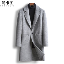 Double-sided tweed coat mens thousand bird grid English alpaca wool-free cashmere woolen coat medium and long