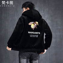 New Tide brand sheep cut wool mens fur one short bee embroidery youth leather coat Lamb hair coat