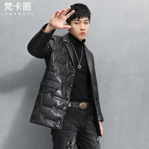 Winter leather down jacket mens leather jacket long suit collar light and thin Haining sheep jacket coat tide