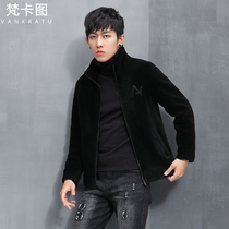 Winter grain cashmere Cashmere mens fur one short stand collar embroidery pure lamb jacket leather grass coat