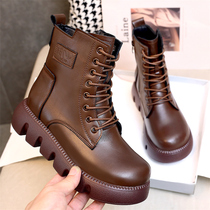 Thick-soled Martin boots womens 2022 new leather wild small winter plus velvet retro British style brown short boots