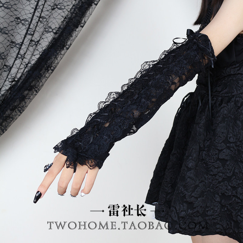 Lace-trimmed ribbon gloves, Halloween cosplay party gloves, fingerless sleeves, Lolita lace ribbon gloves
