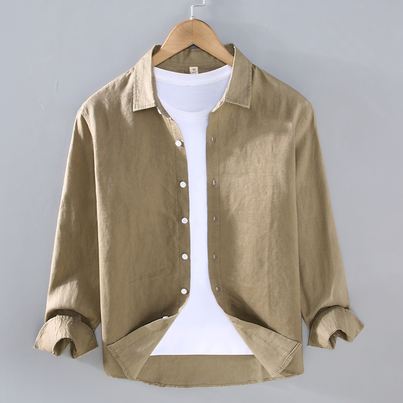 Pure Linen Shirt Men's Long-Sleeved Summer Thin Casual Loose Cotton and Linen Top Retro Men's Clothing Full Linen Shirt Jacket