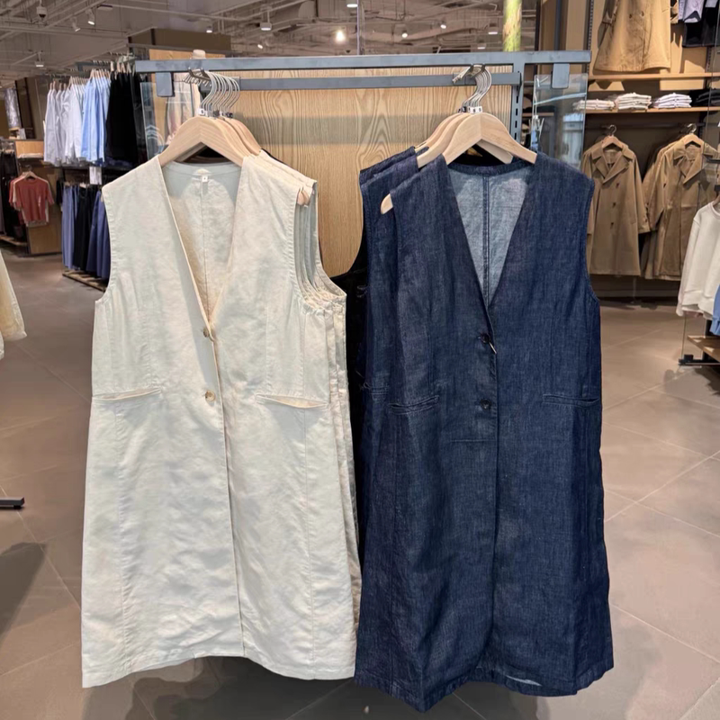 Women's Hemp Blend Long Vest, Japanese Style Solid Color Spring/Summer V-Neck Sleeveless Denim Outerwear, Loose-Fitting Waistcoat