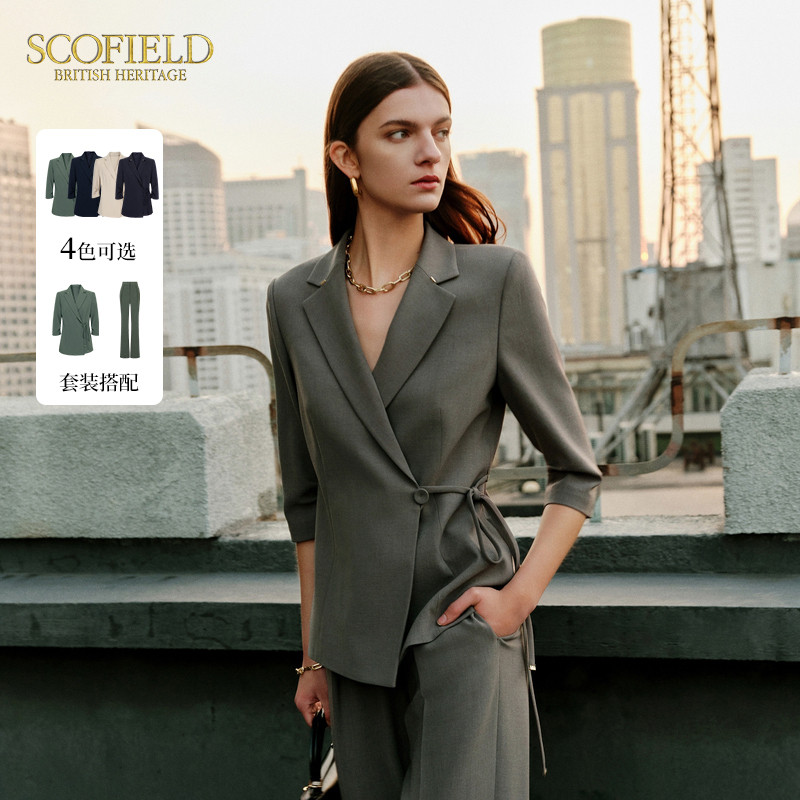 Женский повседневный костюм Scofield с рукавом три четверти и диагональной планкой на одной пуговице, жакет на талии, тонкий костюм Изображение 1