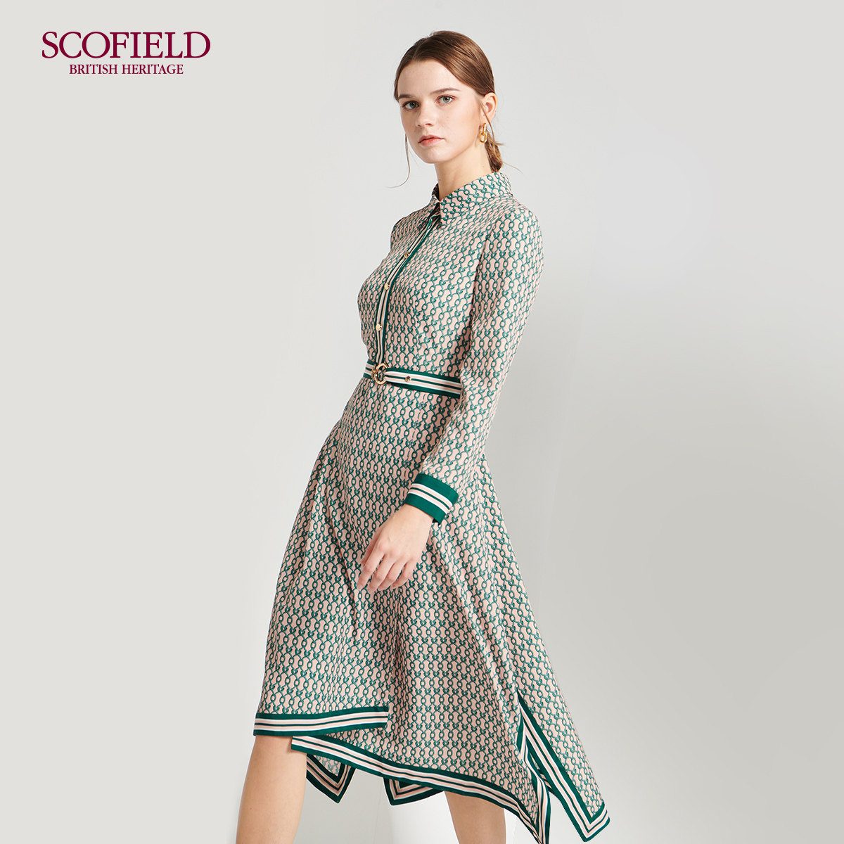 Vipshop sells spring new lapel-lock chain print cinched waist slim midi long-sleeved dresses