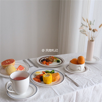 CHIC Korean style simple line ceramic plate dish breakfast disc dessert plate Korean restaurant same style