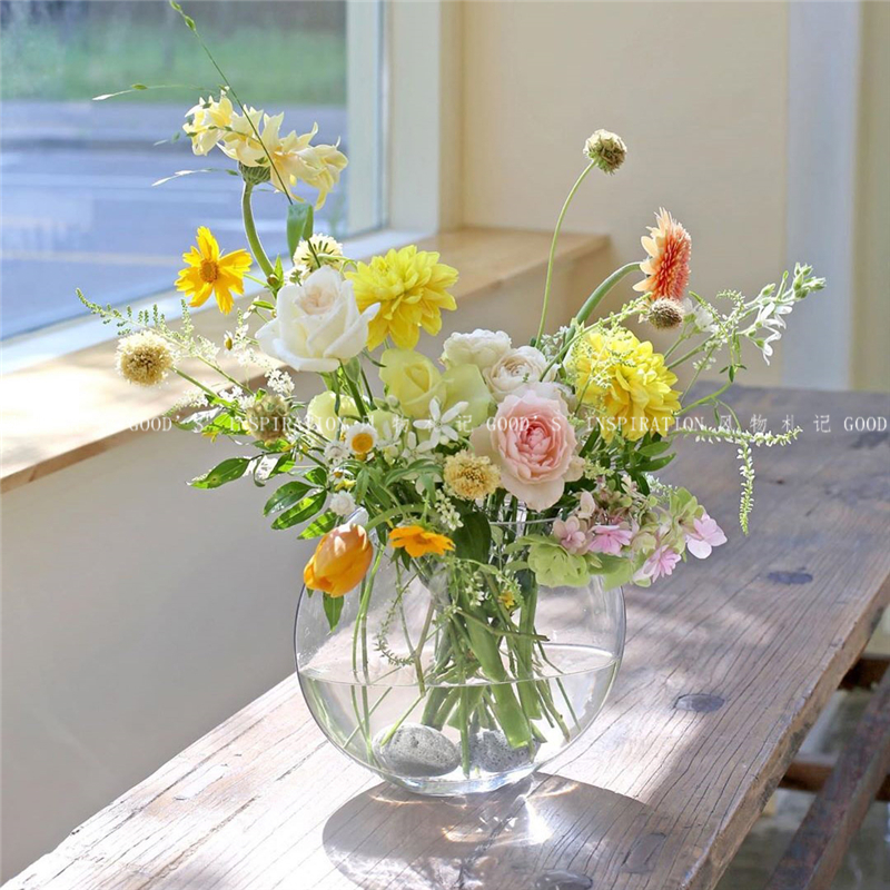 South Korea ins with the same transparent glass flower bottle flat hydroponic flower decoration Korean flower design studio