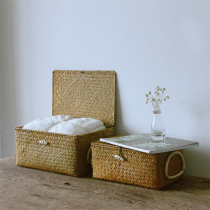 Japanese seagrass hand-woven vintage clothing grocery storage basket storage basket with cover with handle