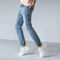 Jane Heng mens Spring and Autumn New elastic mens jeans middle waist straight casual youth trousers mens tide