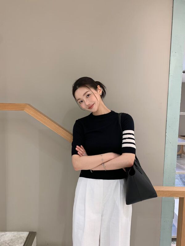 Tb Ultra-Fine Lightweight Merino Wool Short-Sleeve Knit Top Four-Stripe Crew Neck Short-Sleeve T-Shirt Top Base Layer for Women