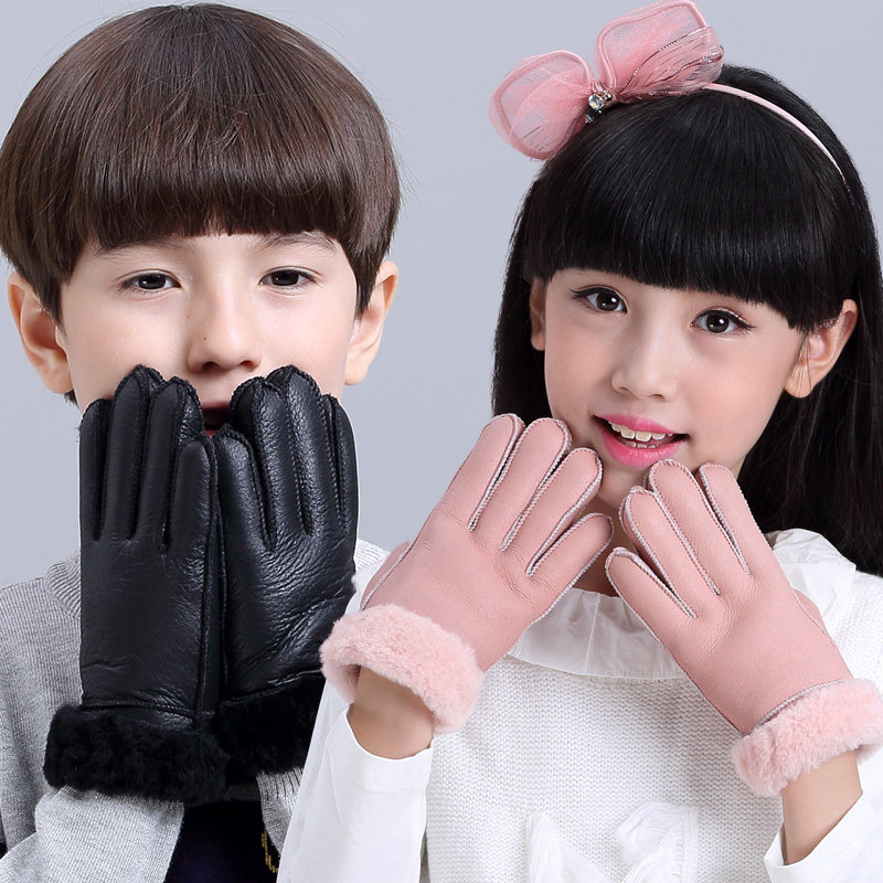 Leather children's gloves little girl thickened boys and girls autumn and winter season divided into five fingers warm plus fluffy fur in one
