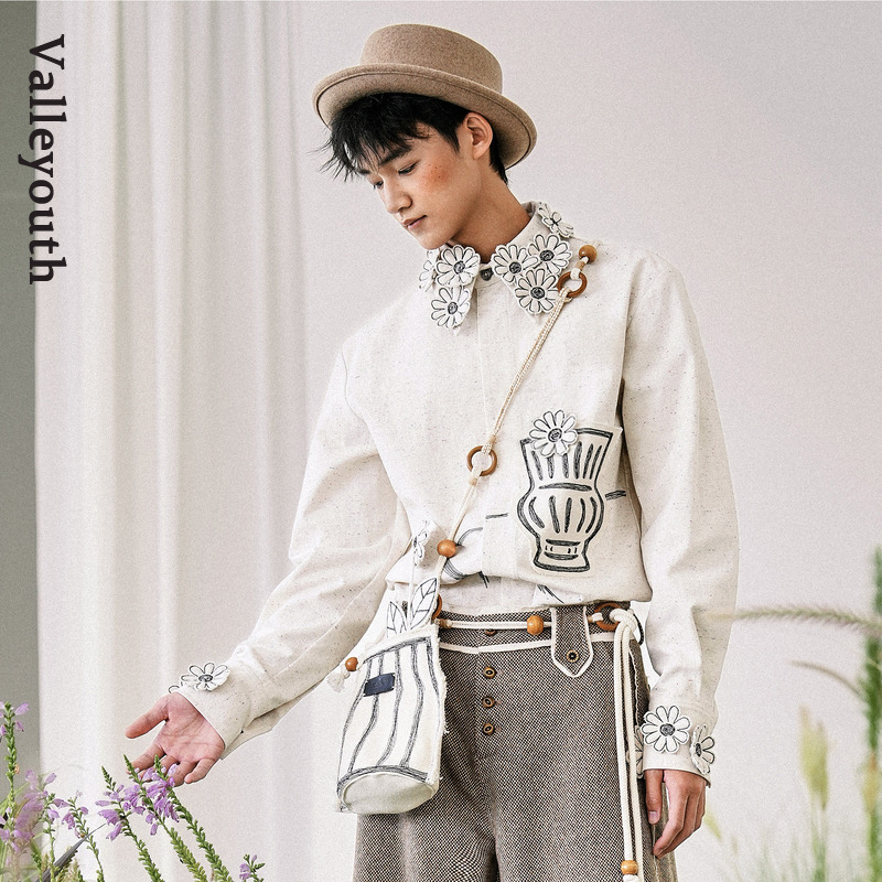Vintage Still Life Flower Embroidery Long Sleeve Artistic Shirt by Valley Youth Independent Designer Brand