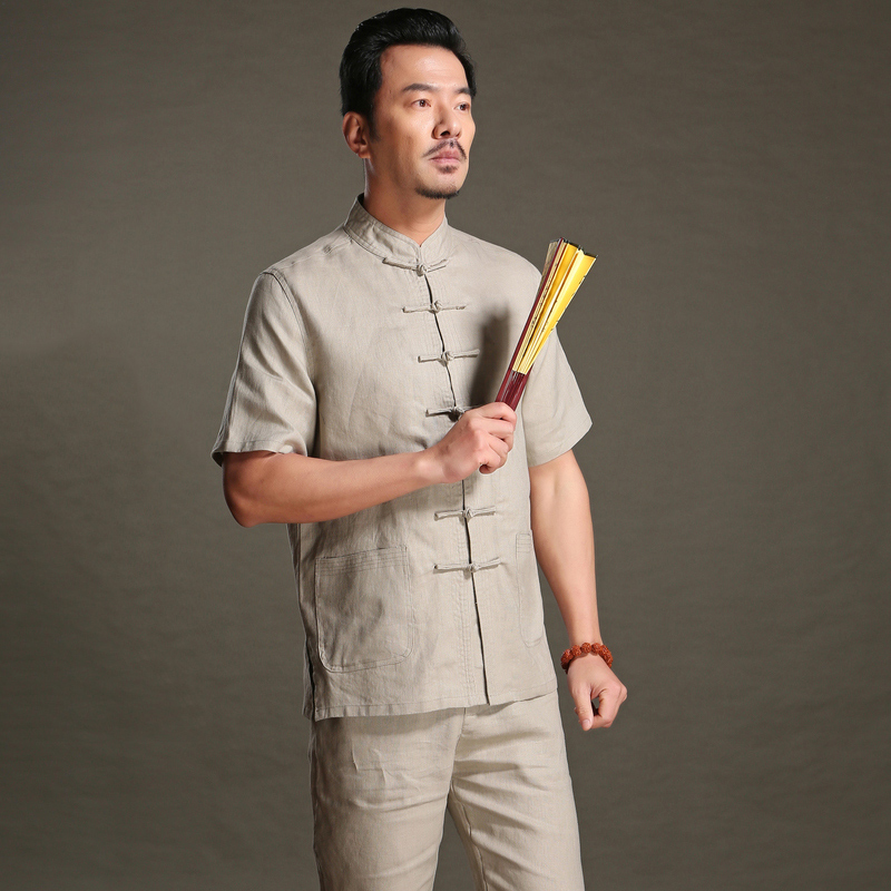 100vải phù hợp với trà thiền áo Gushi Han váy Tang nam ngắn tay bộ Trung Quốc gió mùa hè Trung Quốc của nam giới