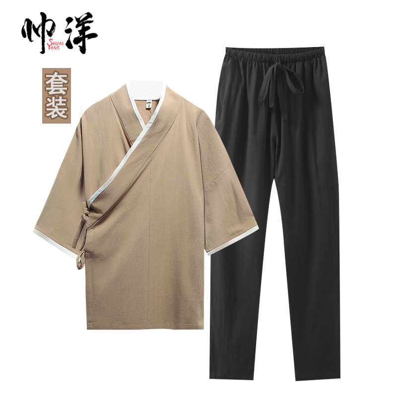 Han quần áo của nam giới phù hợp với bông ngắn tay mùa hè giữa váy Trung Quốc gió nghiêng old-fashioned Trung Quốc đáy-out Vintage Tang váy
