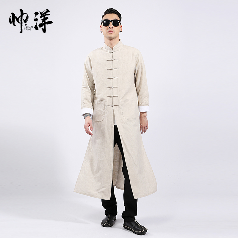 Cotton and hemp Tang dress men's long-sleeved Chinese style autumn long-sleeved jacket Scholar temperament retro Chinese stand-up collar long cardigan