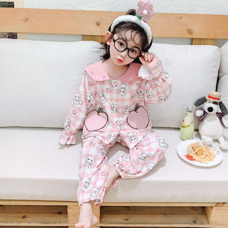 Children's pajamas women's spring and autumn cotton cardigan two-piece sweet princess style girls