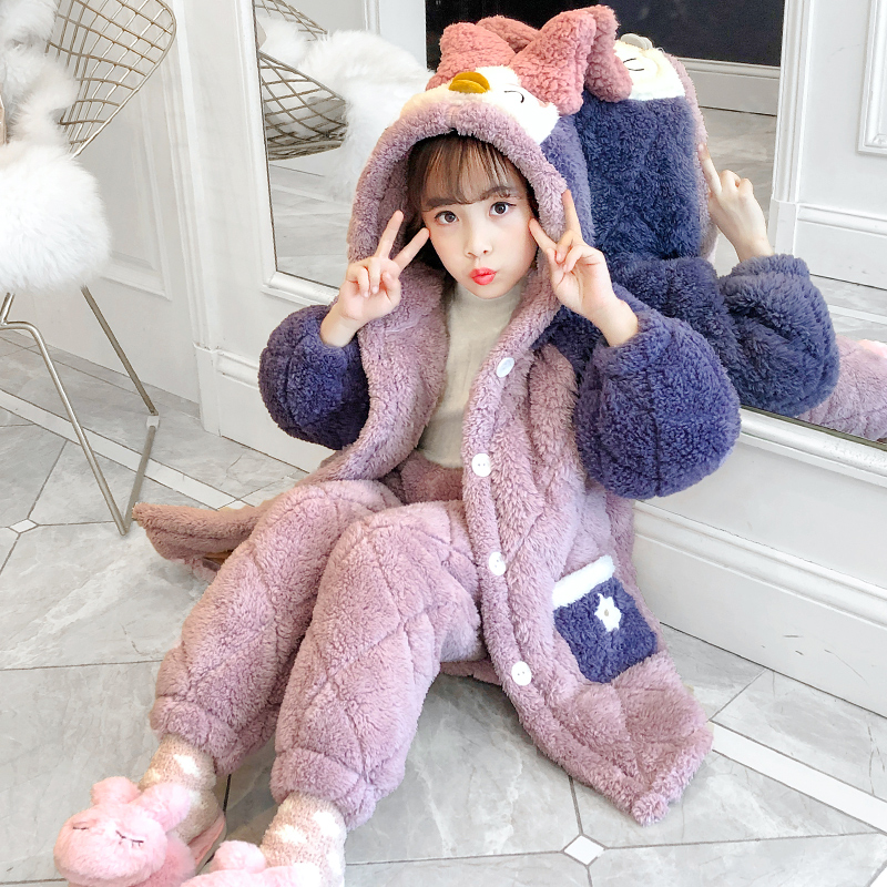 Children's pajamas Women's winter three-layer padded thickened coral velvet Medium and large baby flannel heating clothes pants home clothes