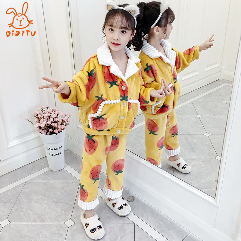 Child Sleepwear Woman Autumn Winter Coral Suede Flannel Thicken Child's baby Home Home Clothing Suit