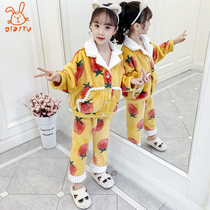 Childrens pajamas womens autumn and winter coral velvet flannel thickened mid-child Baby Home clothing parent-child suit