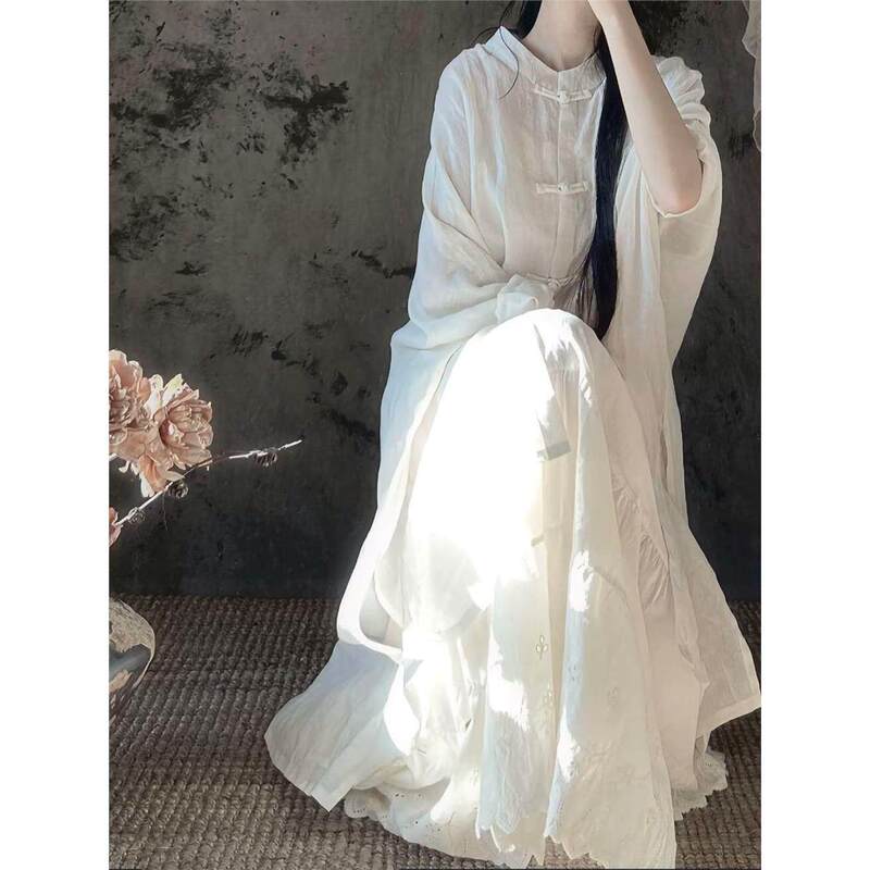 Cotton and Linen Button-Down Shirt, Long Version, Zen Style Tea Clothing, Buddhist Zen Clothing, Women's Tang Suit, Ethnic Chinese Style Suit, Half-Length Skirt