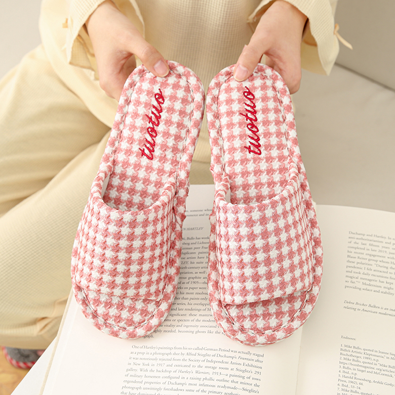 ins Korean Style New Simple Houndstooth Fabric-Soled Slippers for Indoor Home Use, Silent, Non-Slip, Couple's All-Season Men's Slippers