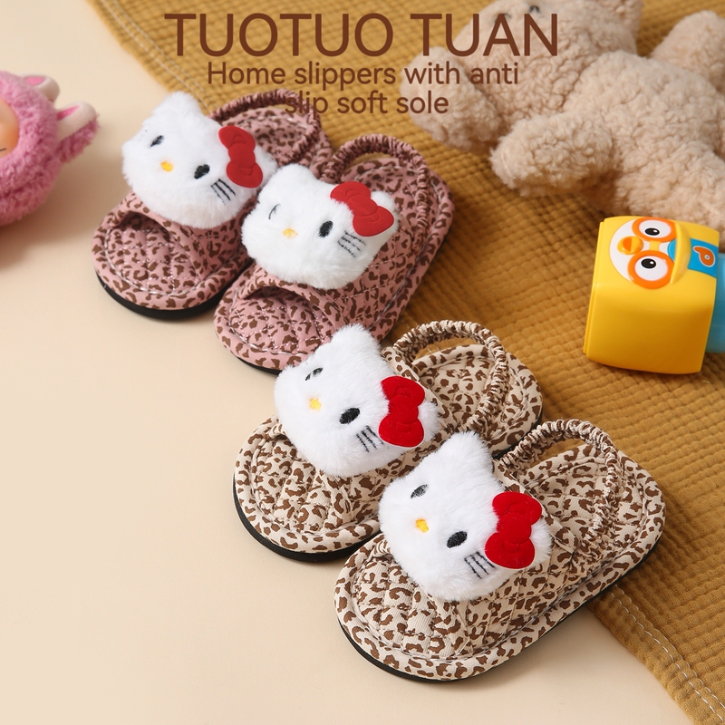 New Cute Kt Cat Leopard Print Slippers for Babies Aged 1-3 Years, Children's Indoor Non-Slip Cotton Slippers, Fresh Style
