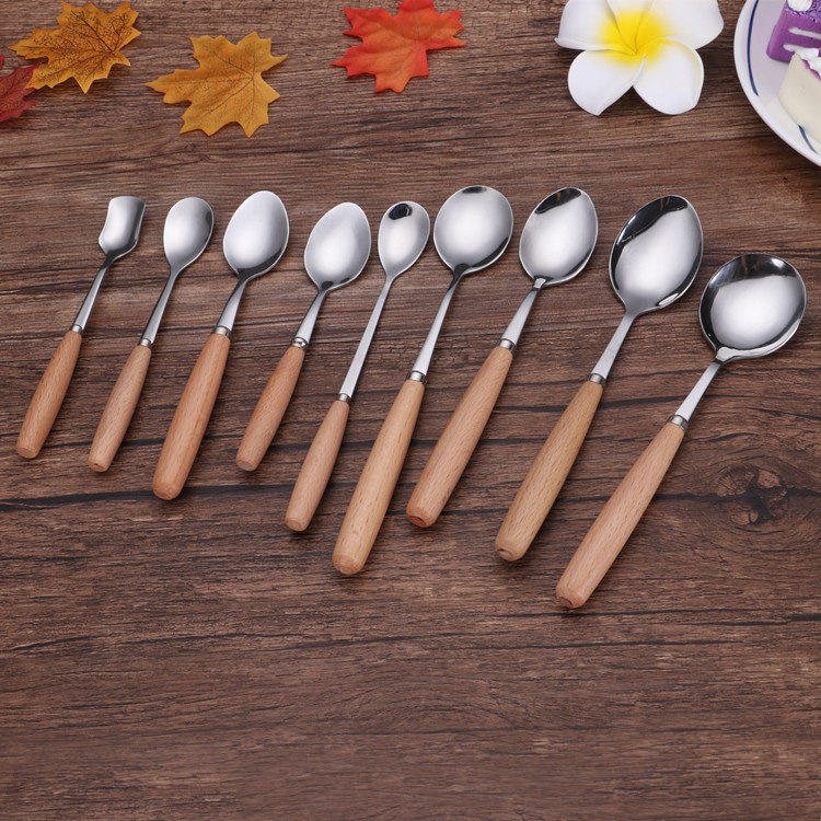 Day Style Wood Handle Soup Spoon stainless steel Western Dining Spoon Long Handle Spoon Tablespoon Dinner Spoon Hotel Spoon Tablespoon stirring Soup spoon
