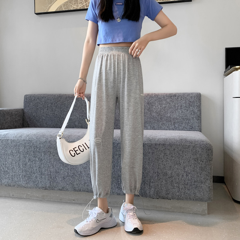Grey Sports Pants Woman Summer Slim ins Tide Ice Silk Broadlegged Pants Loose bunches Rope Little Pair of Leather Pants