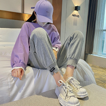 2021 Spring and Autumn new sports pants womens loose bundle foot patch cloth high waist slim small man ins tide gray pants