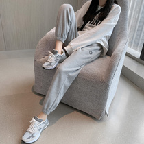 Gray sweatpants womens loose toe 2021 new spring and autumn thin embroidery high waist Harlan pants