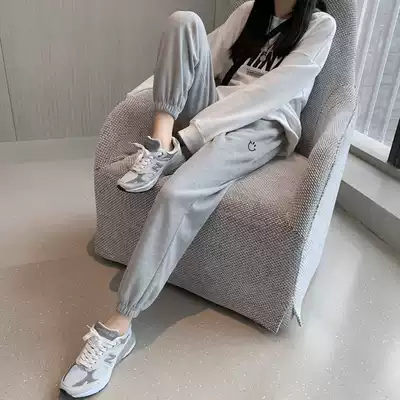 Gray sweatpants women's loose toe 2021 new spring and autumn thin embroidery high waist Harlan pants