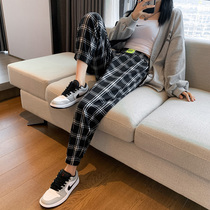 Black and white lattice pants womens spring and autumn high waist loose toe feet thin Haren pants subnet Red little hanging casual pants