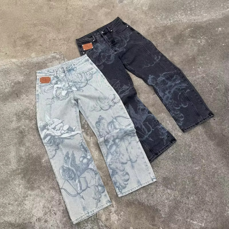 Cross-Border European and American Retro Angel Print Jeans, Unisex, High Street Niche Design, Straight-Leg Floor-Length Pants, Trendy
