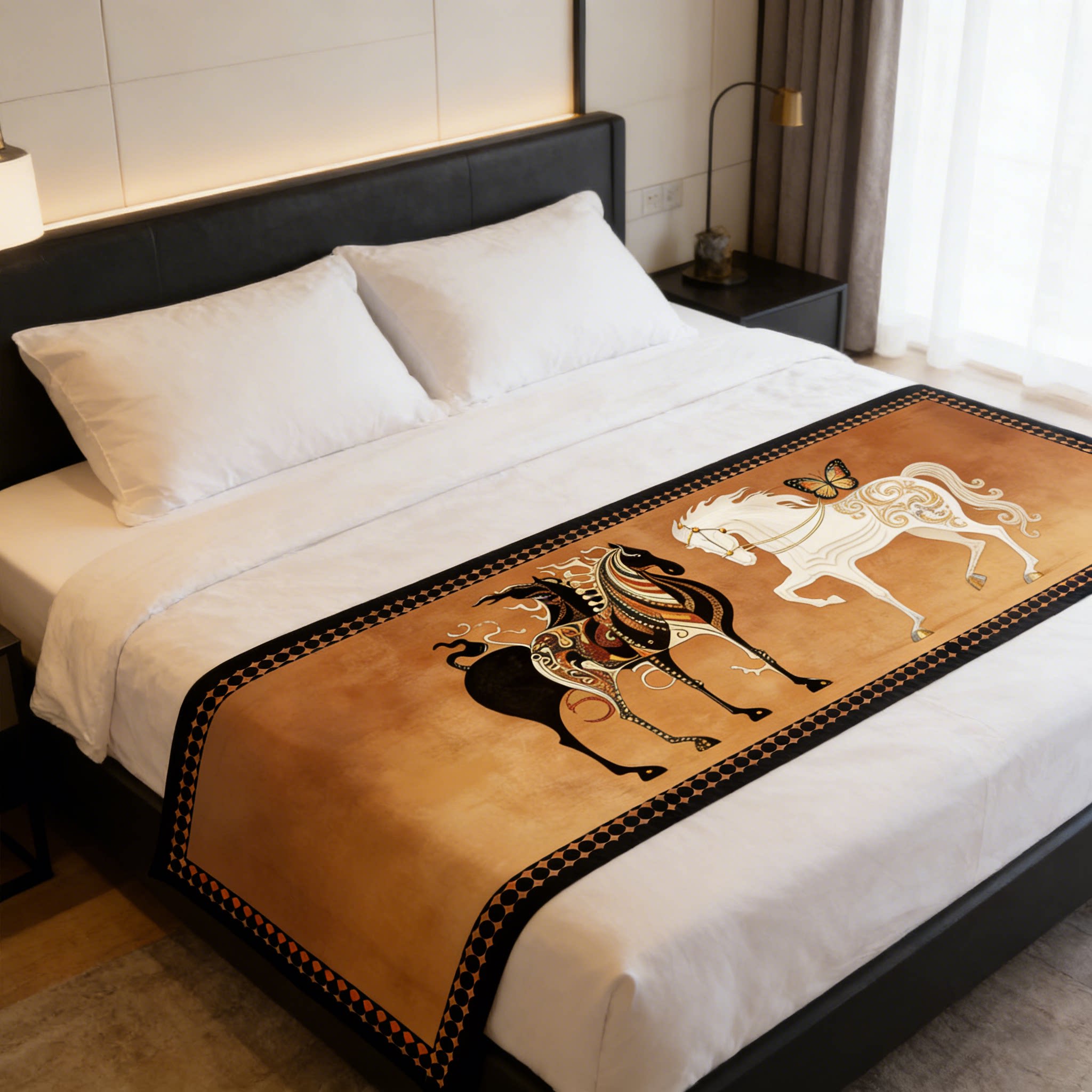 モダンヴィンテージスタイルの馬柄ベッドランナー、ホテルの寝室装飾、滑り止めベッドタオル、ベッドカバー。