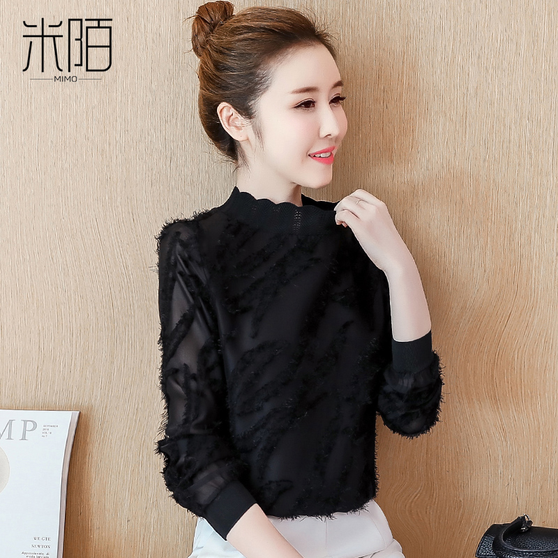 Spring women's clothing 2021 new inner tie long-sleeved lace top Foreign school wild little man European station base shirt