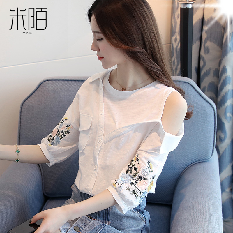 Europe Station 70% Sleeve Shirt Women's Dress Summer Dress 2022 New Short Sleeve Design Sensation Small Crowdblouse Cotton Shirt