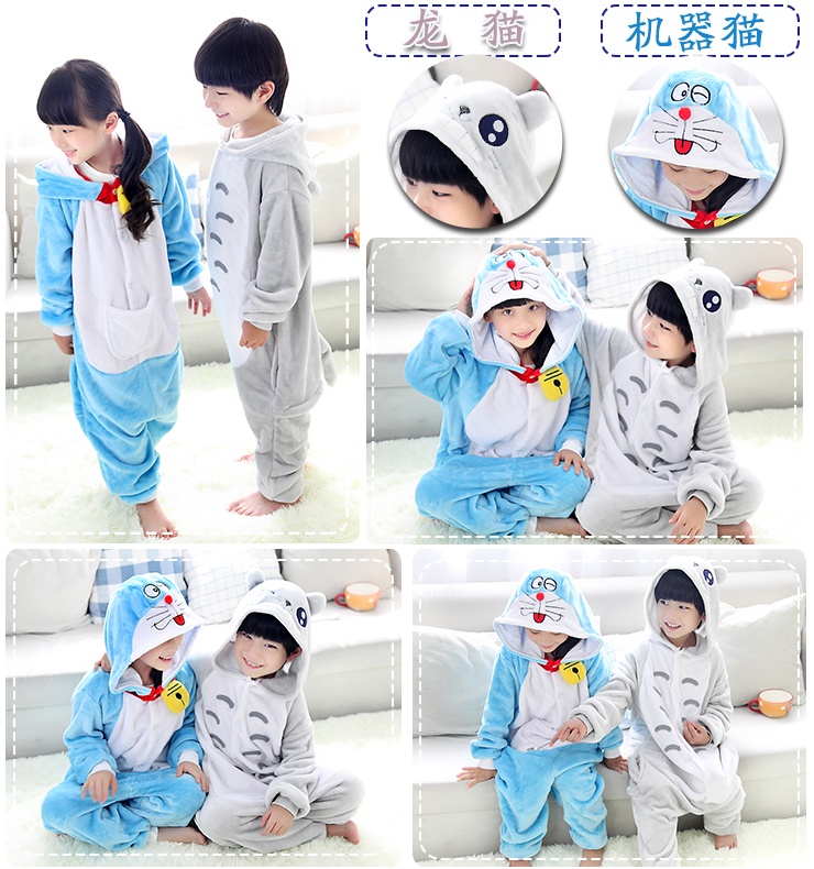 Trẻ em flannel bé trai và bé gái Pikachu phim hoạt hình khủng long động vật bộ đồ ngủ liền kề mùa thu và mùa đông áo khoác liền quần hình thú