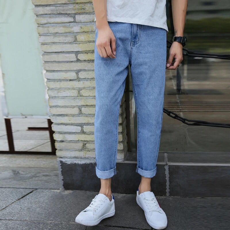 52-1 & High Qualitylight colour leisure time man student Nine points Jeans male wide Elastic waist Straight tube Korean version trend Versatile summer Thin