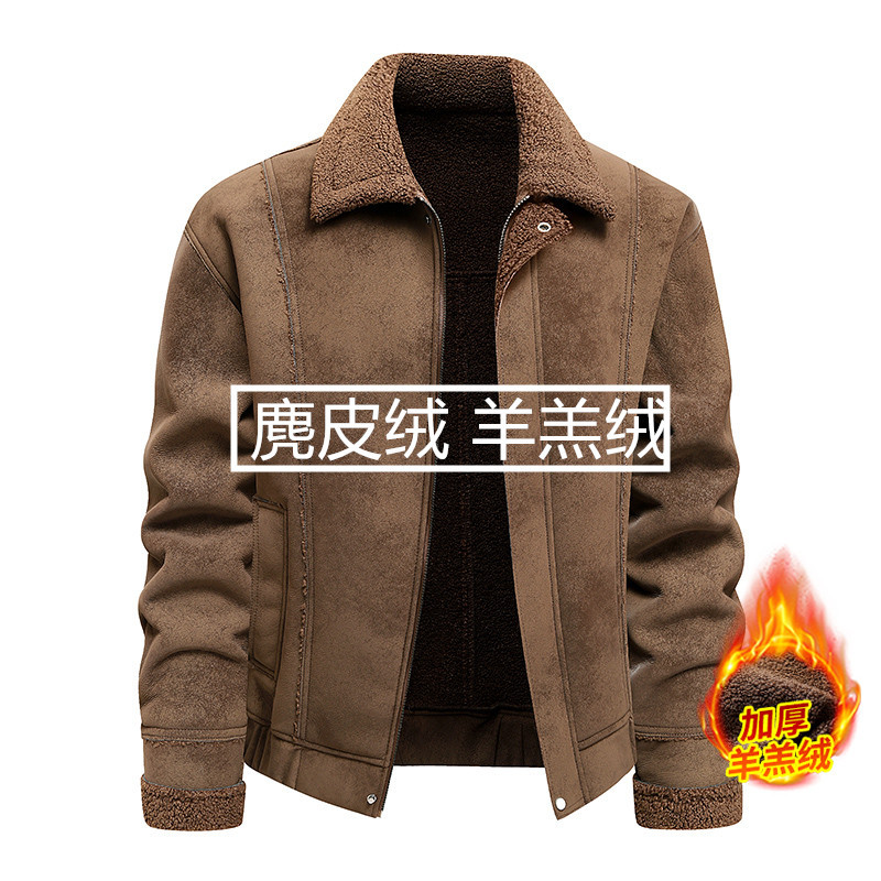 Winter Retro Lapel Lamb Wool Leather Jacket for Men, Thickened and Warm, Integrated Leather and Fur Jacket, Suede Fleece-Lined Coat Winter Retro Lapel Lamb Wool Leather Jacket for Men, Thickened and Warm, Integrated Leather and Fur Jacket, Suede Fleece-Lined Coat
