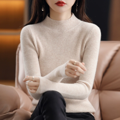 Демисезонный шерстяной трикотажный короткий кашемировый базовый приятный телу свитер, в обтяжку, высокий воротник