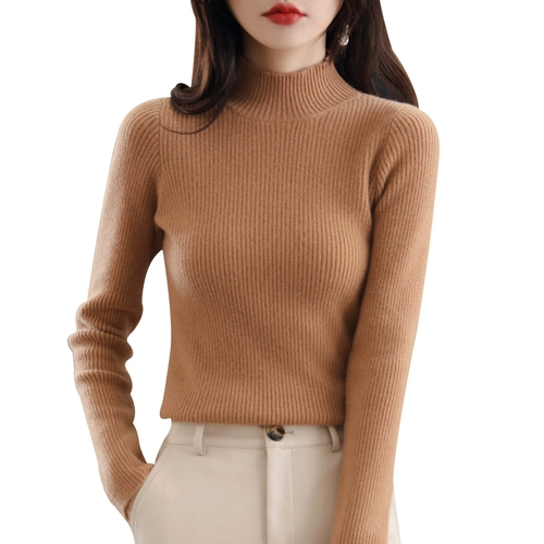 Демисезонный шерстяной трикотажный короткий кашемировый базовый приятный телу свитер, в обтяжку, высокий воротник