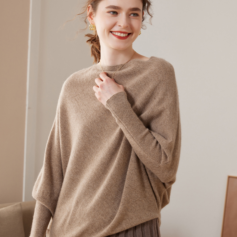 Elegant One-Shoulder Batwing Sleeve Cashmere Sweater for Women 2025 Autumn and Winter Irregular Loose Knitted Sweater Top